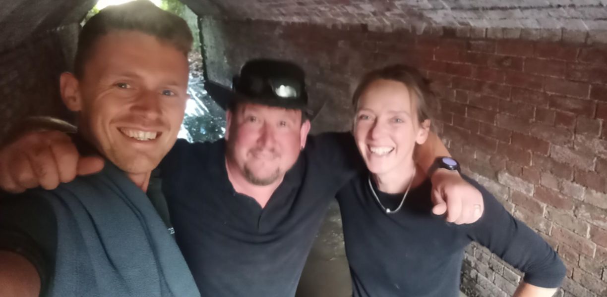 Jake, Barry and Jenny in a tunnel to the River Garden at Bishopstrow